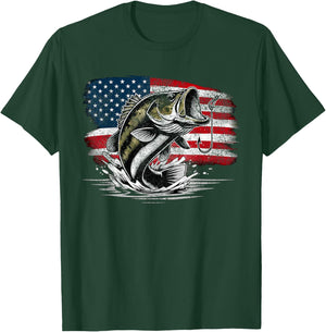 Fishing Retro US American Flag Bass Fish Fisherman Camo T-Shirt - T-Shirt | Forest
