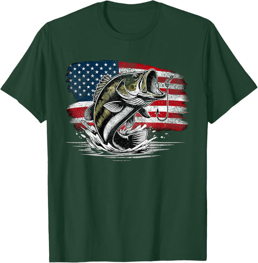 Fishing Retro US American Flag Bass Fish Fisherman Camo T-Shirt - T-Shirt | Forest