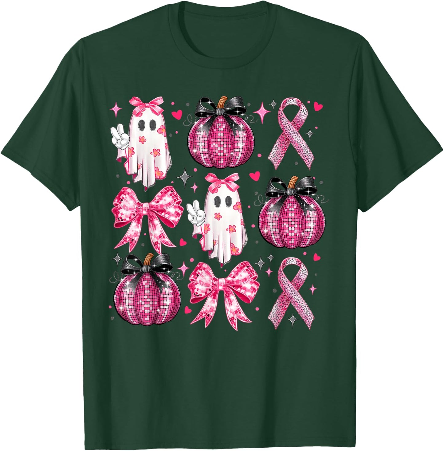Halloween Pumpkin Pink Ribbon Disco Ghost Bow Breast Cancer T-Shirt - T-Shirt | Forest