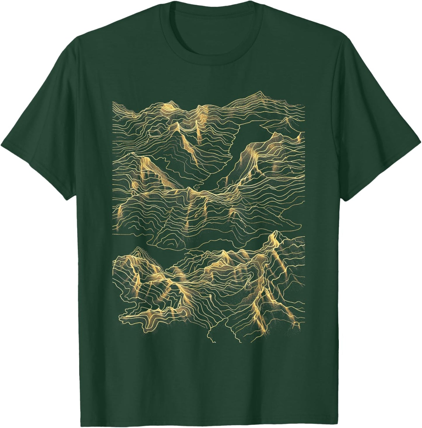 Mountain Range Abstract Art Minimalist Gold Lines - -Adults, Black, Small, Short Sleeve, Topographic Map T-Shirt - T-Shirt | Forest