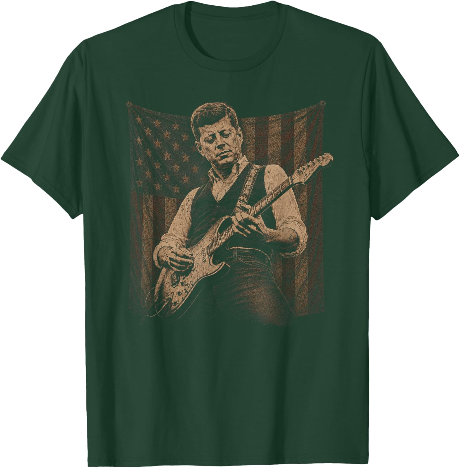 JFK Playing Guitar Kennedy Patriotic American Flag Music T-Shirt - T-Shirt | Forest