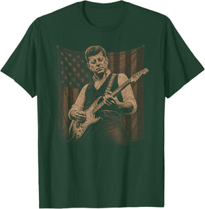 JFK Playing Guitar Kennedy Patriotic American Flag Music T-Shirt - T-Shirt | Forest