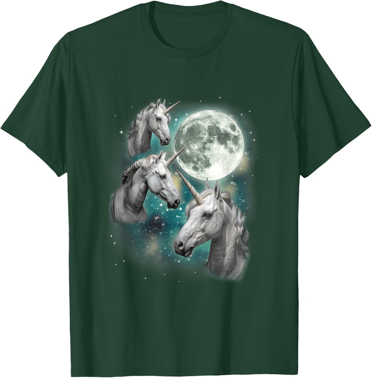 Three Unicorn Moon | 3 Magical Fantasy Mythic Horned Unicorn T-Shirt - T-Shirt | Forest