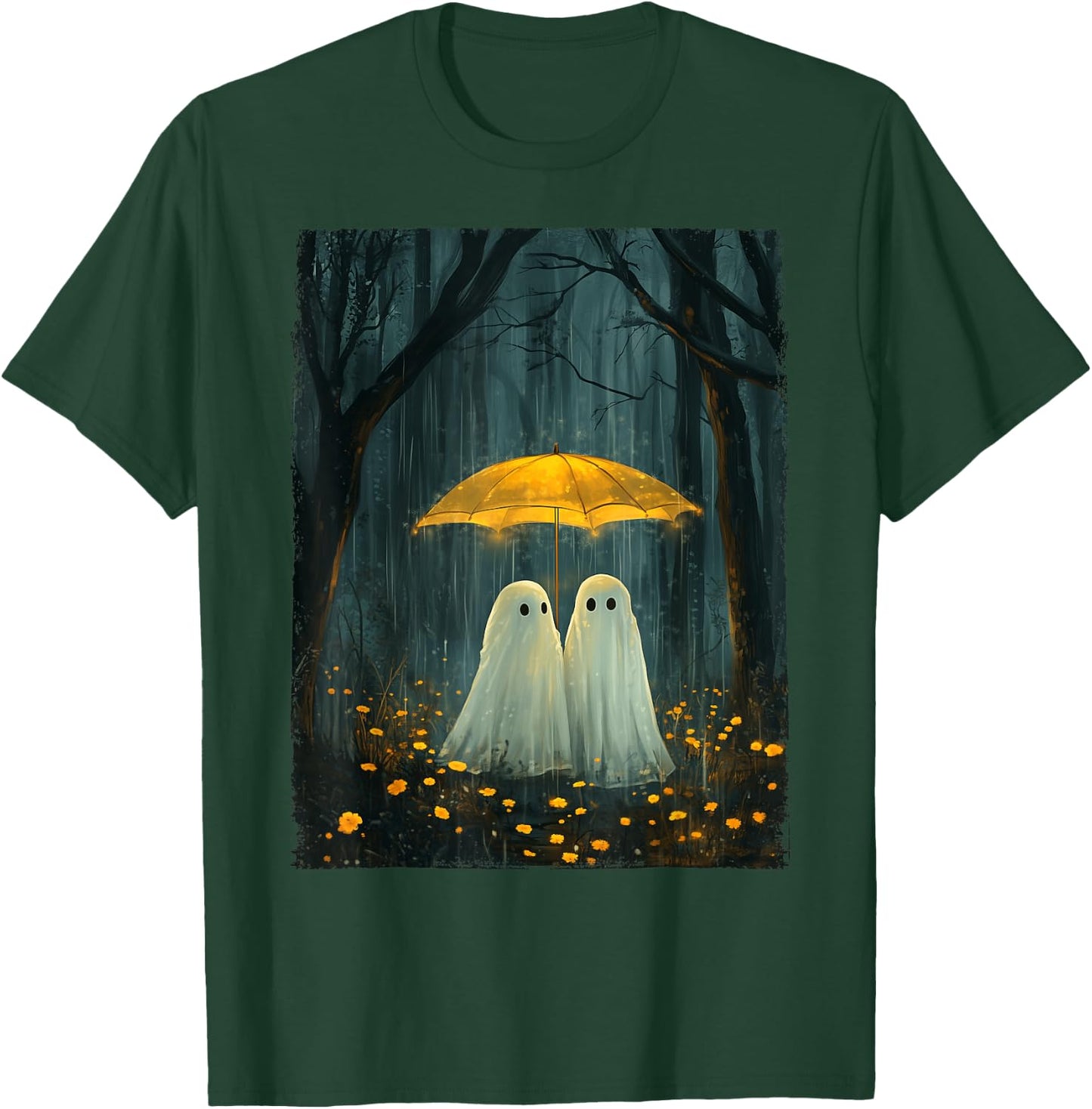 Floral Ghost Holds Umbrella Couple Spooky Season Women Men T-Shirt - T-Shirt | Forest