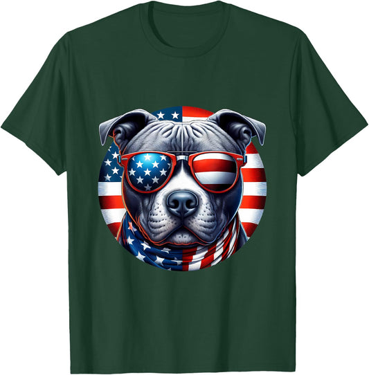 4th of July Pit Bull Wearing Sunglasses American Flag Bully T-Shirt - T-Shirt | Forest