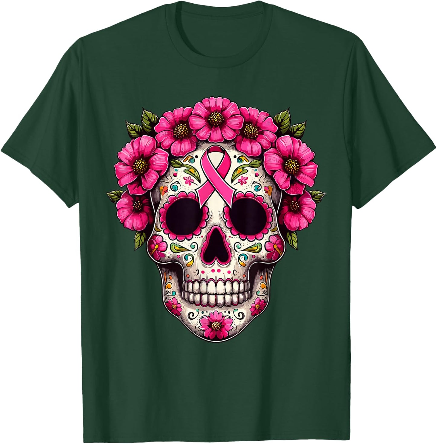Sugar Skull Pink Ribbon Calavera Breast Cancer Awareness T-Shirt - T-Shirt | Forest