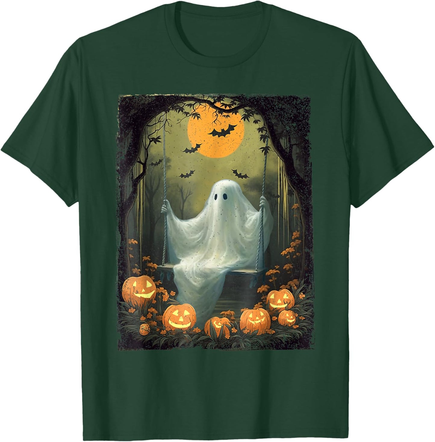Vintage Floral Ghost On Swing In Forest Halloween Pumpkin T-Shirt - T-Shirt | Forest