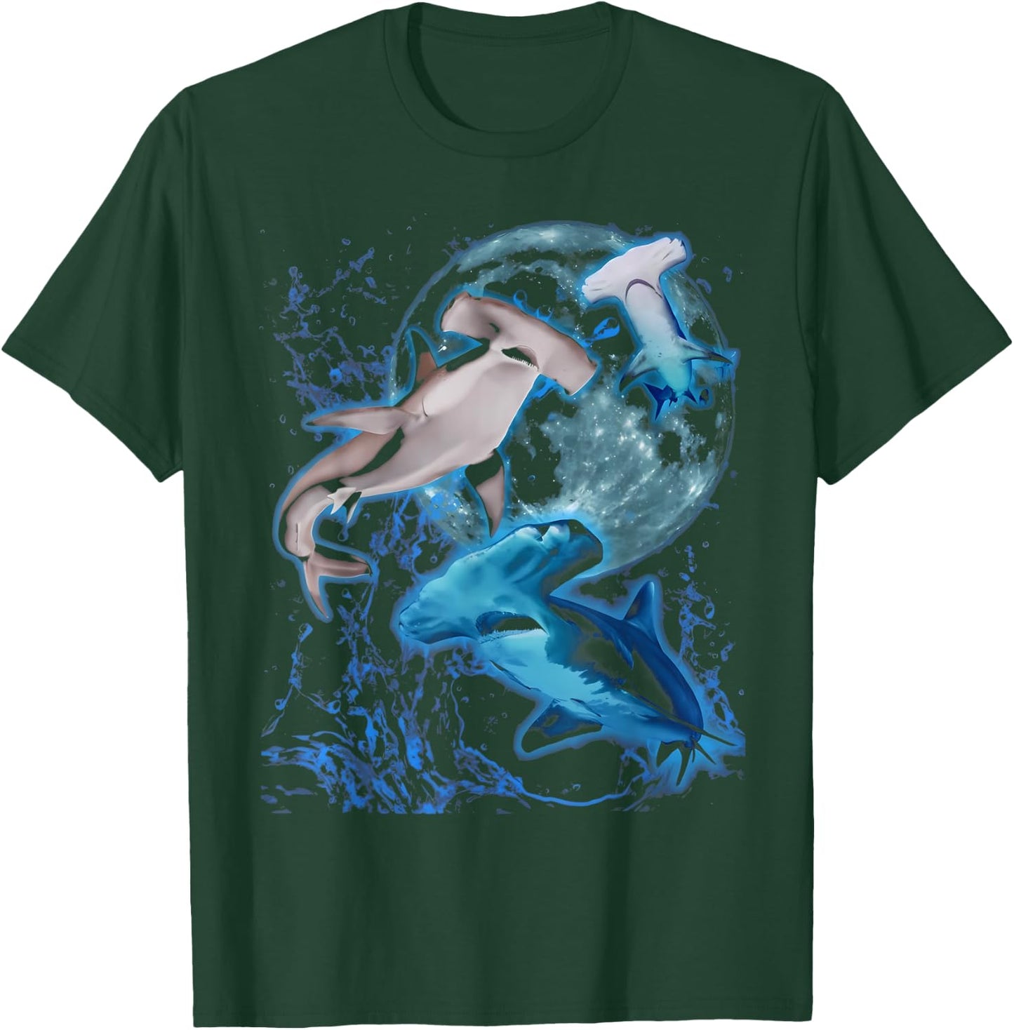 Vintage Three Hammerhead Shark Howling Moon Marine Biologist T-Shirt - T-Shirt | Forest