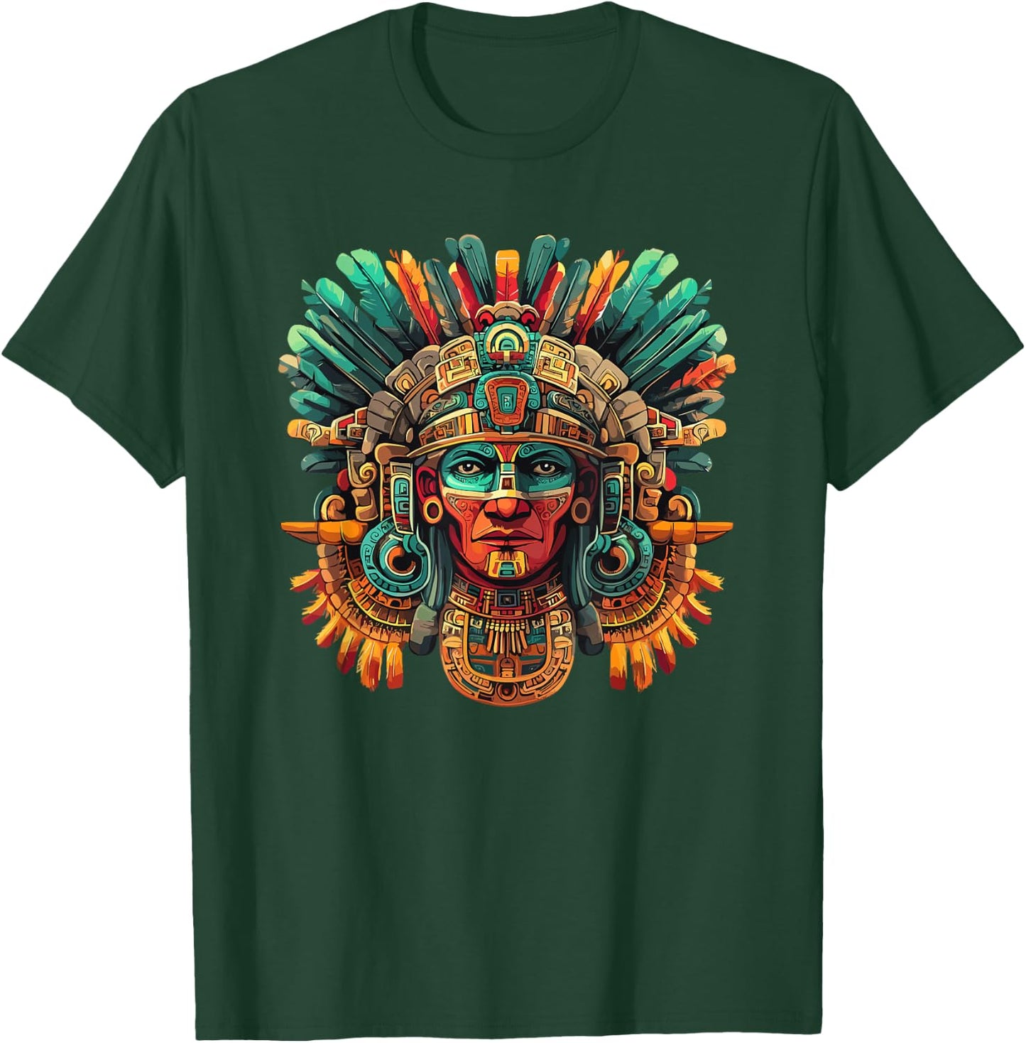 Mayan Tribal Warrior Mask Feather Headdress T-Shirt - T-Shirt | Forest