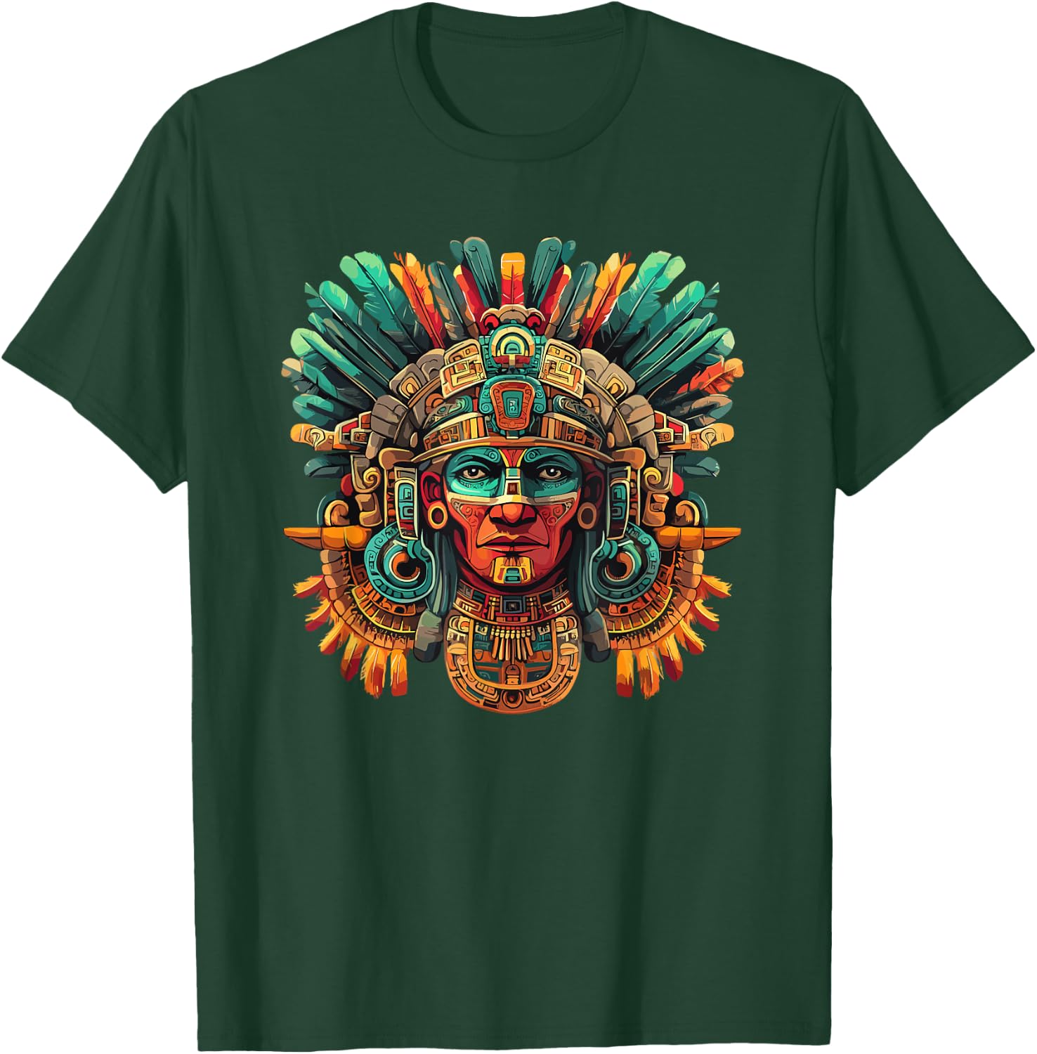 Mayan Tribal Warrior Mask Feather Headdress T-Shirt - T-Shirt | Forest