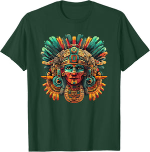 Mayan Tribal Warrior Mask Feather Headdress T-Shirt - T-Shirt | Forest