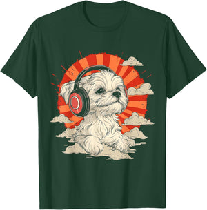 Maltese Dog Motif Pet Art Music Headphone Maltese T-Shirt - T-Shirt | Forest