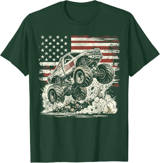 Monster Truck Retro Patriotic USA Flag T-Shirt - T-Shirt | Forest