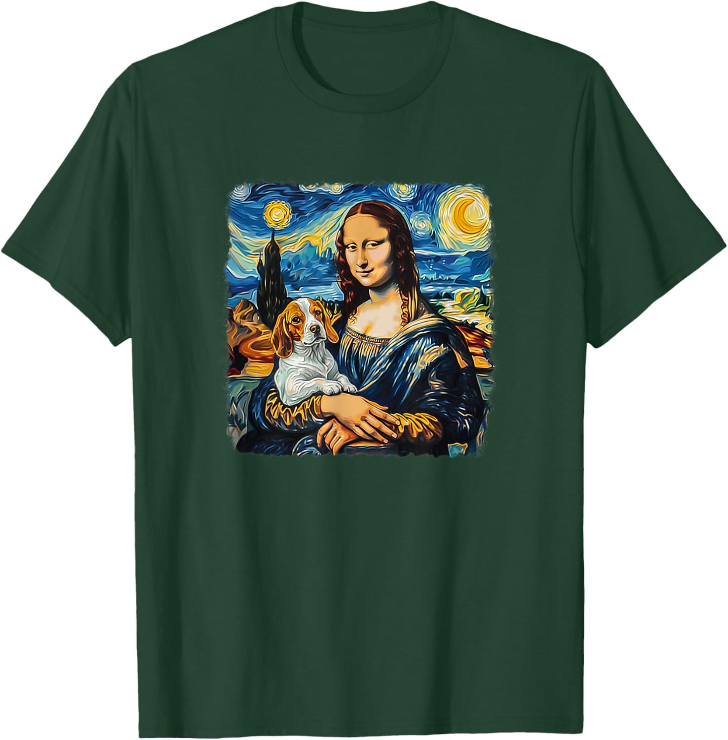 Mona Lisa with Beagle Van Gogh Starry Night Funny Painting T-Shirt - T-Shirt | Forest
