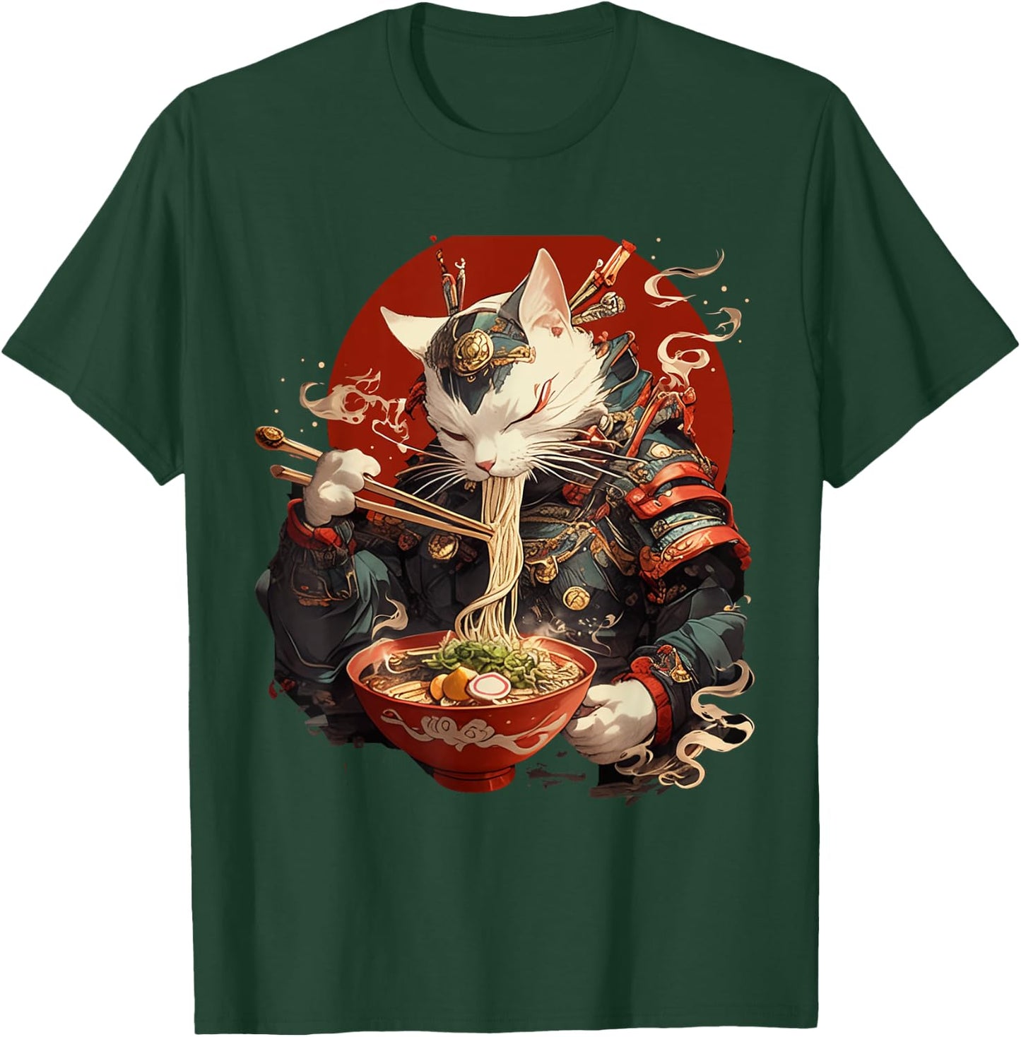 Japanese Art Ramen Cat Ninja Ukiyo-e Anime Style Samurai Cat T-Shirt - T-Shirt | Forest