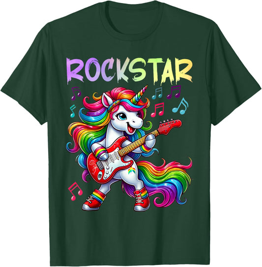 Rockstar Unicorn Playing Rock And Roll Guitar Player Music T-Shirt - T-Shirt | Forest