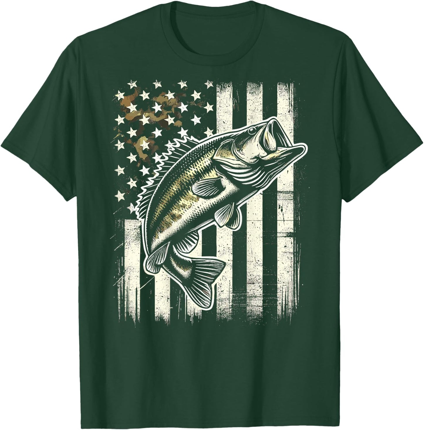 American Flag Camo Bass Fish Fishing T-Shirt - T-Shirt | Forest