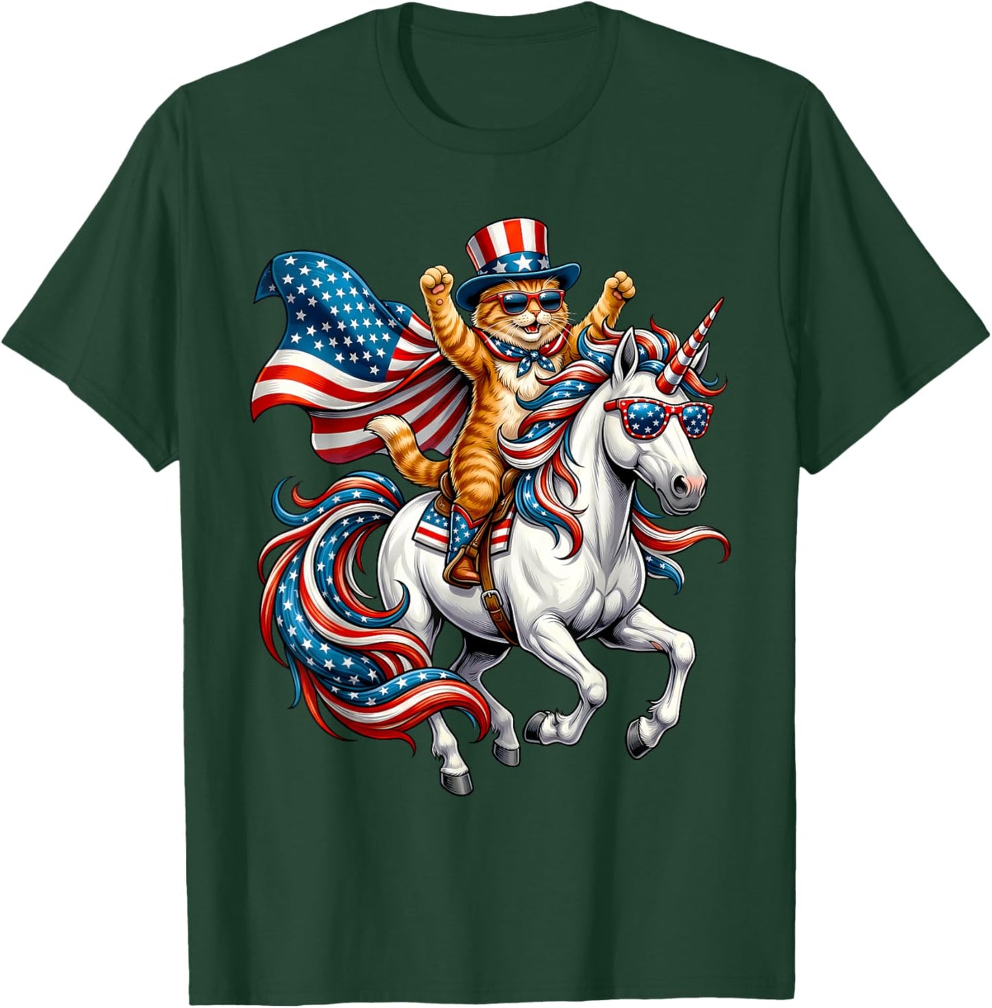 Funny Cat Unicorn America USA Flag Patriotic 4th of July T-Shirt - T-Shirt | Forest