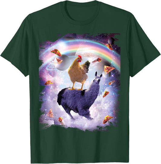 Chicken Riding Llama in Space - Rainbow T-Shirt - T-Shirt | Forest