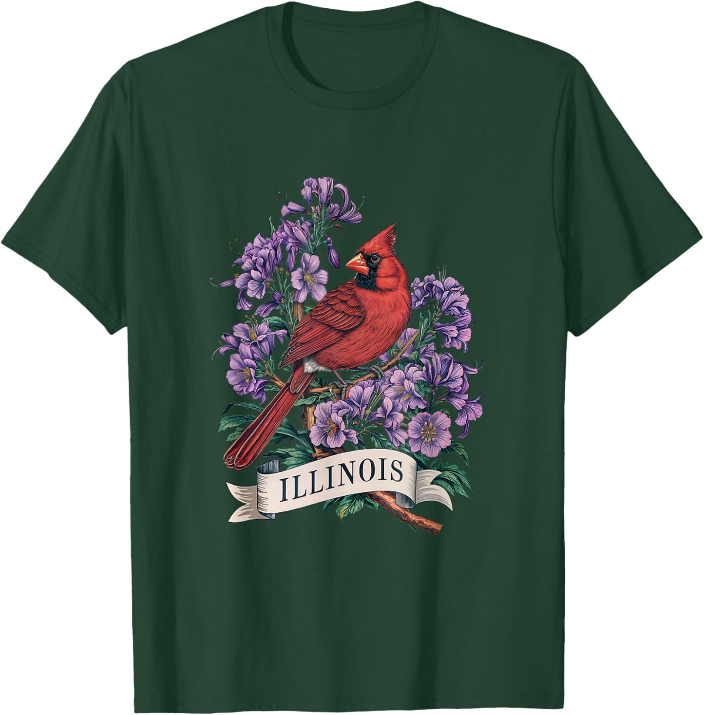Illinois Northern Cardinal Bird and Violet Flower T-Shirt - T-Shirt | Forest