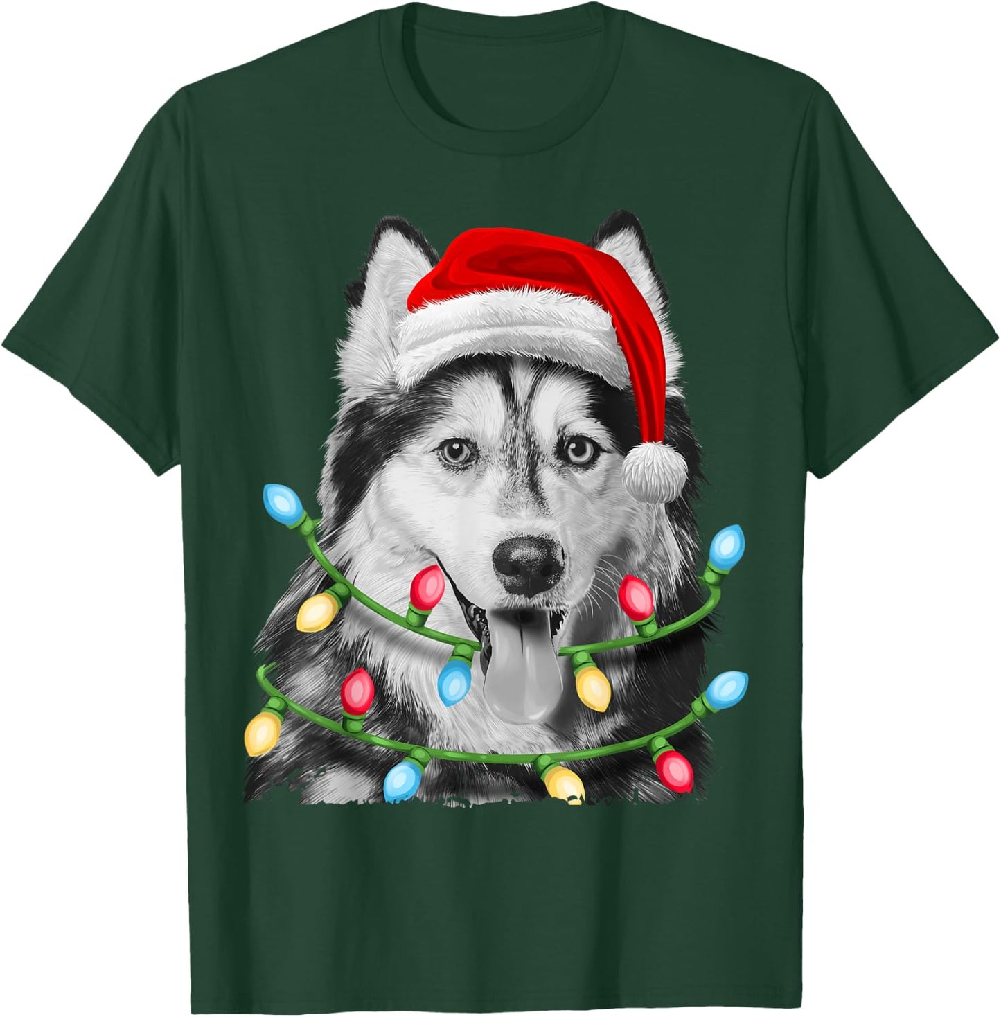 Siberian Husky Santa Christmas Tree Lights Xmas Boys Dog T-Shirt - T-Shirt | Forest