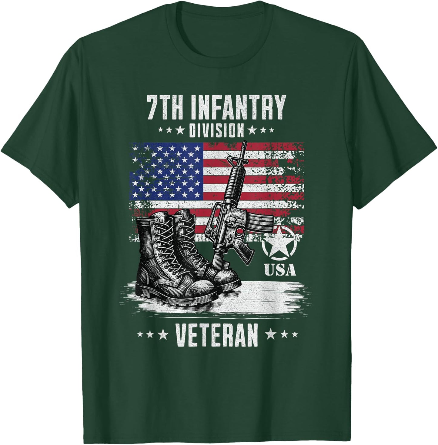 SoldierTees 7th Infantry Division Veteran Distressed -Adults - Black, Short Sleeve, Classic Fit, Military, Solid Color, Small T-Shirt - T-Shirt | Forest