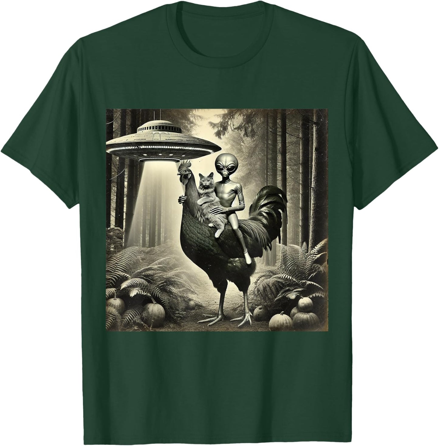 Funny UFO Alien and Cat Lovers Cat With Alien Riding Chicken -Adults, -Kids Black Short Sleeve T-Shirt - T-Shirt | Forest
