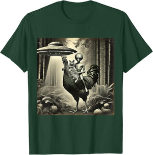 Funny UFO Alien and Cat Lovers Cat With Alien Riding Chicken -Adults, -Kids Black Short Sleeve T-Shirt - T-Shirt | Forest
