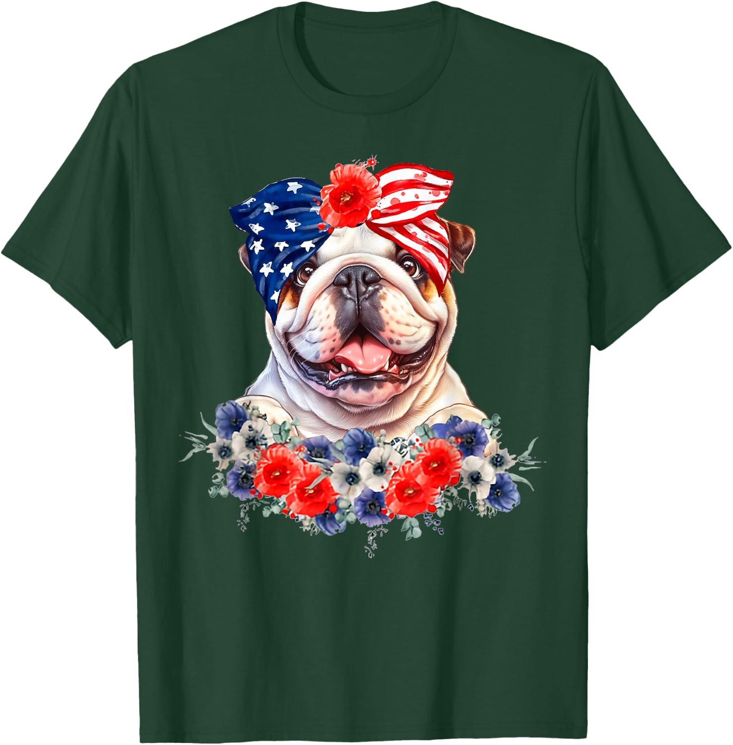 English Bulldog Dog Bandana American Flag 4th Of July T-Shirt - T-Shirt | Forest