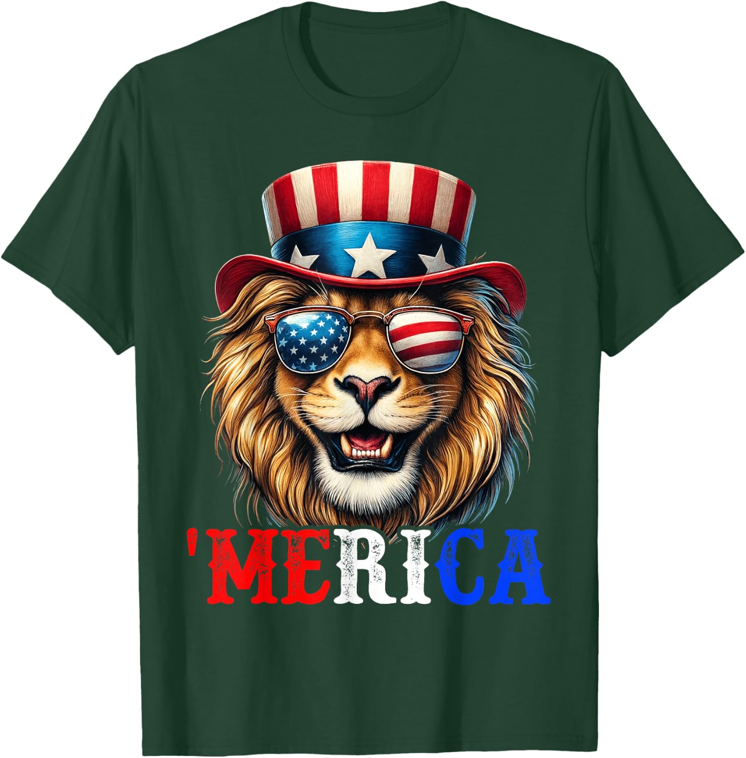 Merica Lion Patriotic 4th of July Funny Kids Men Women T-Shirt - T-Shirt | Forest