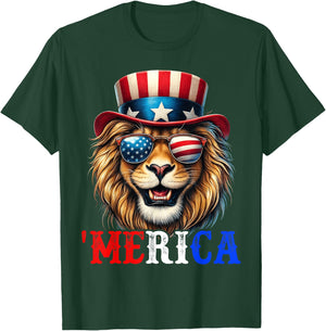 Merica Lion Patriotic 4th of July Funny Kids Men Women T-Shirt - T-Shirt | Forest