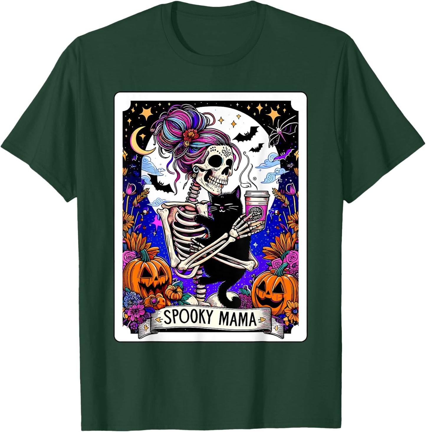 Spooky Mama Tarot Card Halloween Mom Skull Mama Black Cat Women Kids T-Shirt - T-Shirt | Forest