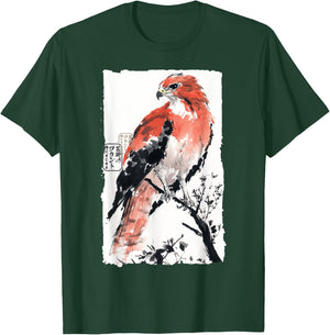 Japanese Falcon Ink Art Traditional Watercolor Sumi-E Style T-Shirt - T-Shirt | Forest
