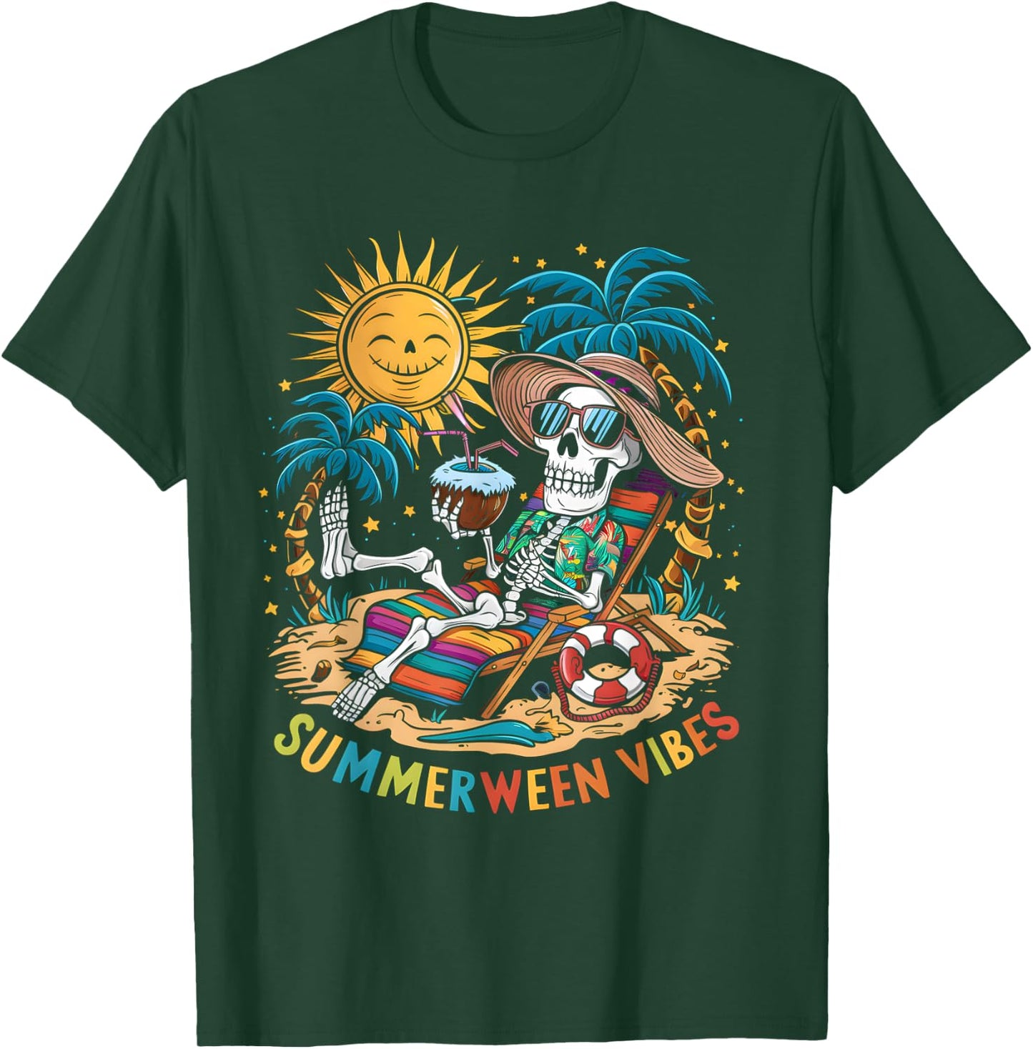 Funny Summerween Vibes Skeleton Summer Vacation Beach Men Women T-Shirt - T-Shirt | Forest