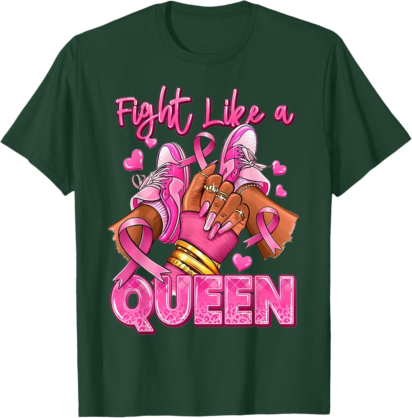 Fight Like A Queen Afro Girl Sneakers Breast Cancer Warrior T-Shirt - T-Shirt | Forest