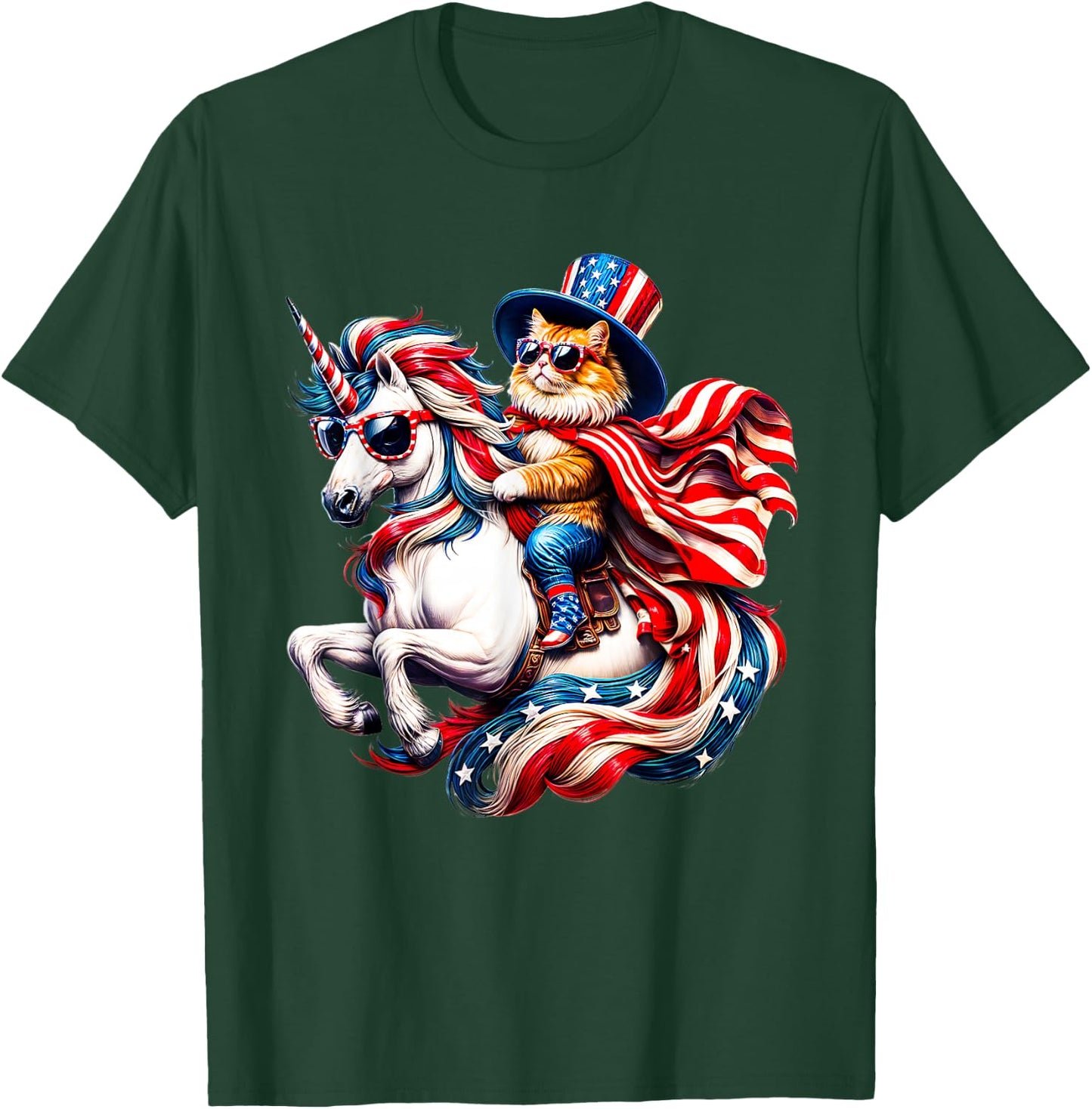 Cat Riding Unicorn USA Flag Patriotic 4th of July T-Shirt - T-Shirt | Forest