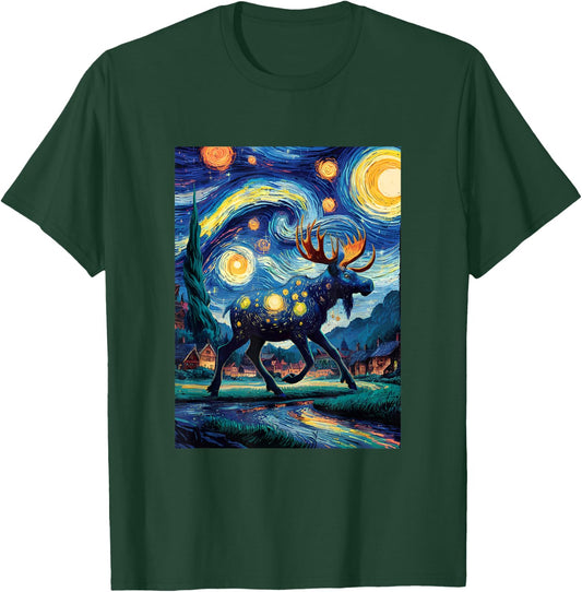 Artistic Moose Van Gogh Style Starry Night The Moose Lovers T-Shirt - T-Shirt | Forest