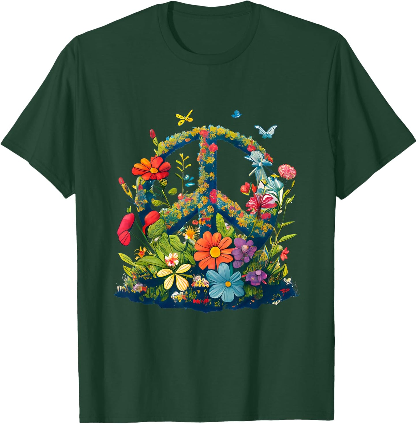 Peace Sign with Flowers and Butterflies, Peace T-Shirt - T-Shirt | Forest