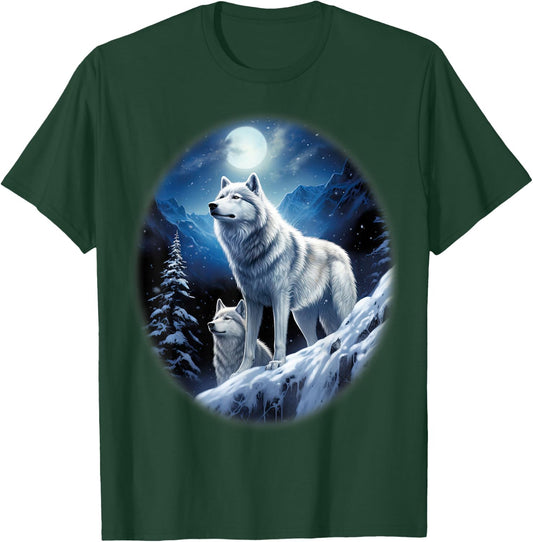 Wolves on an icy hill in the mountains with shiny moon T-Shirt - T-Shirt | Forest