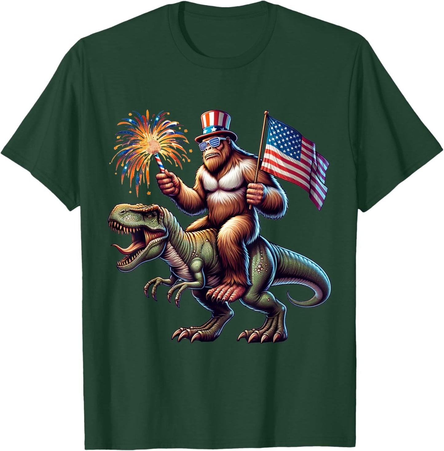 Bigfoot Sasquatch Riding Dinosaur T rex. Funny 4th of July T-Shirt - T-Shirt | Forest