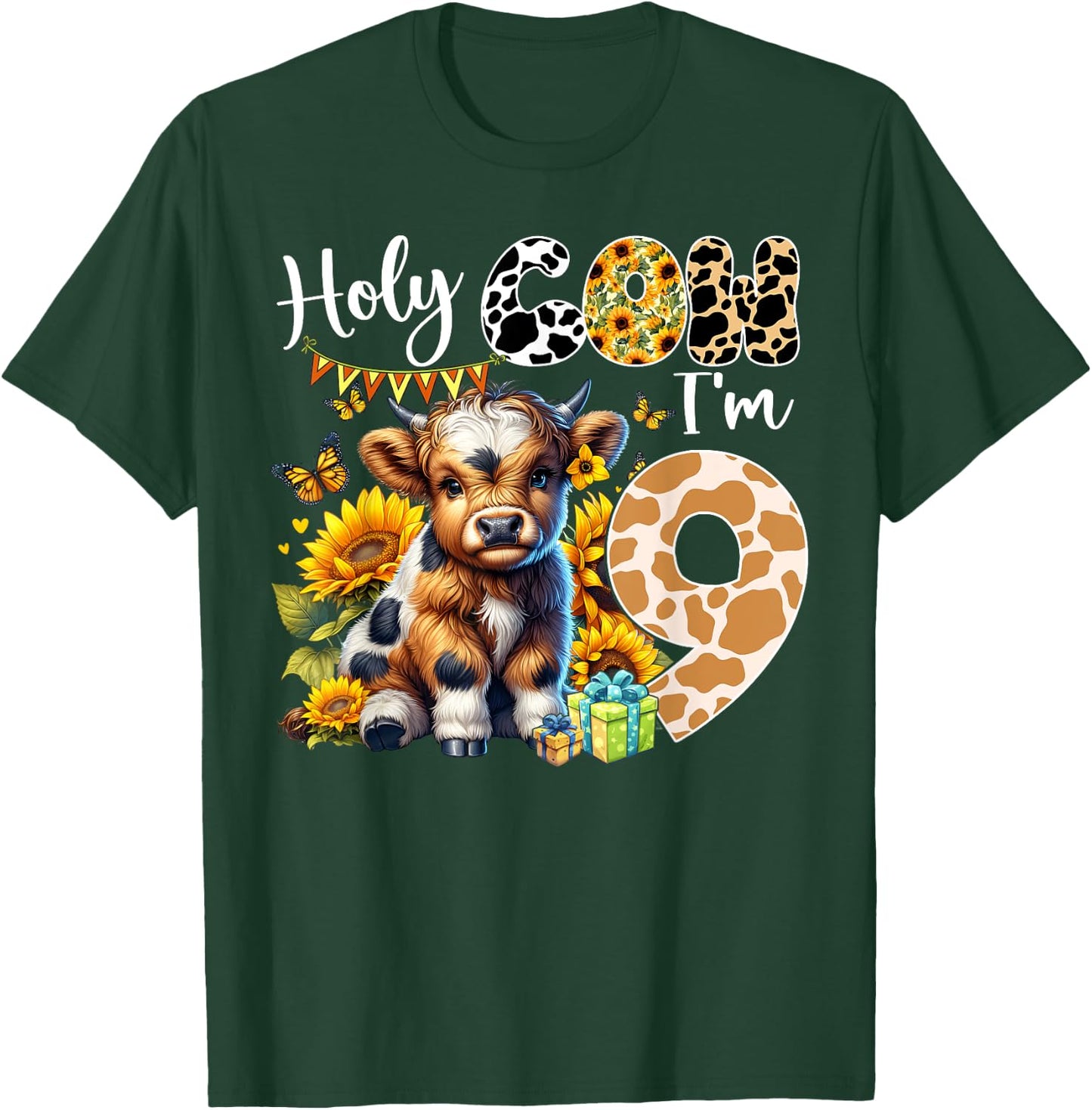 Holy Cow I’m 9 Years Old Dairy Cow Sunflowers 9th Birthday T-Shirt - T-Shirt | Forest