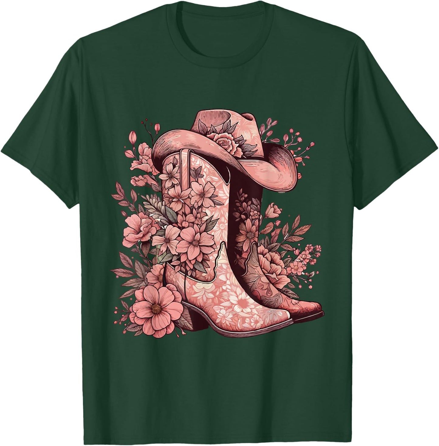 Boho Watercolor Cowgirl Boots Hat Floral Boots Western Boots T-Shirt - T-Shirt | Forest