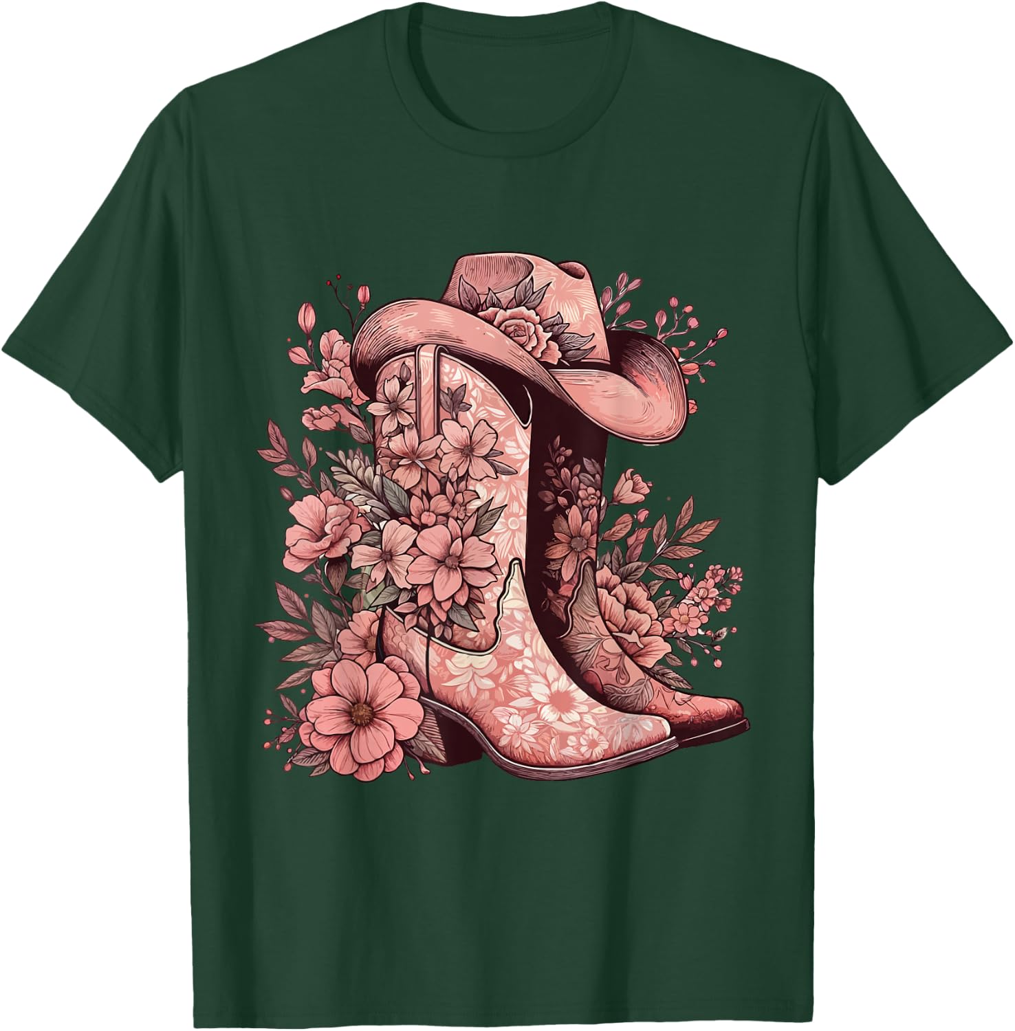 Boho Watercolor Cowgirl Boots Hat Floral Boots Western Boots T-Shirt - T-Shirt | Forest