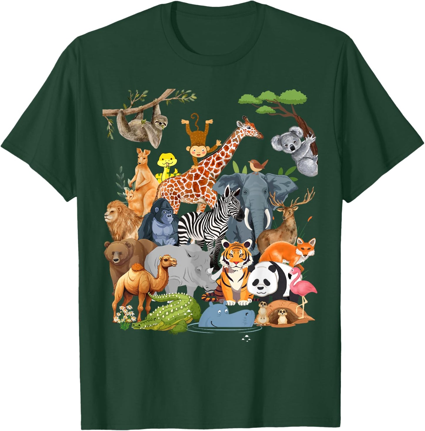 Men Women and Kids Wildlife Zoo Day Party Cute 22 Animals T-Shirt - T-Shirt | Forest