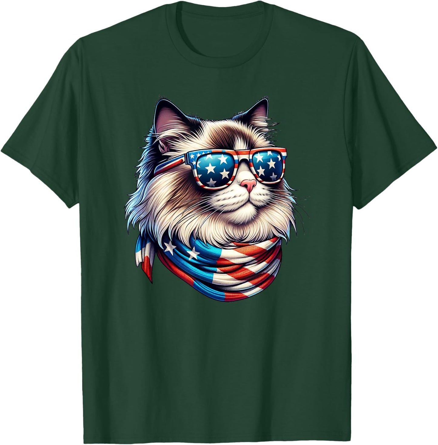 Ragdoll Cat USA Flag Sunglasses Patriotic Cat 4th of July Women Men T-Shirt - T-Shirt | Forest