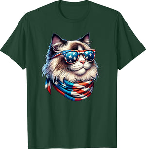 Ragdoll Cat USA Flag Sunglasses Patriotic Cat 4th of July Women Men T-Shirt - T-Shirt | Forest