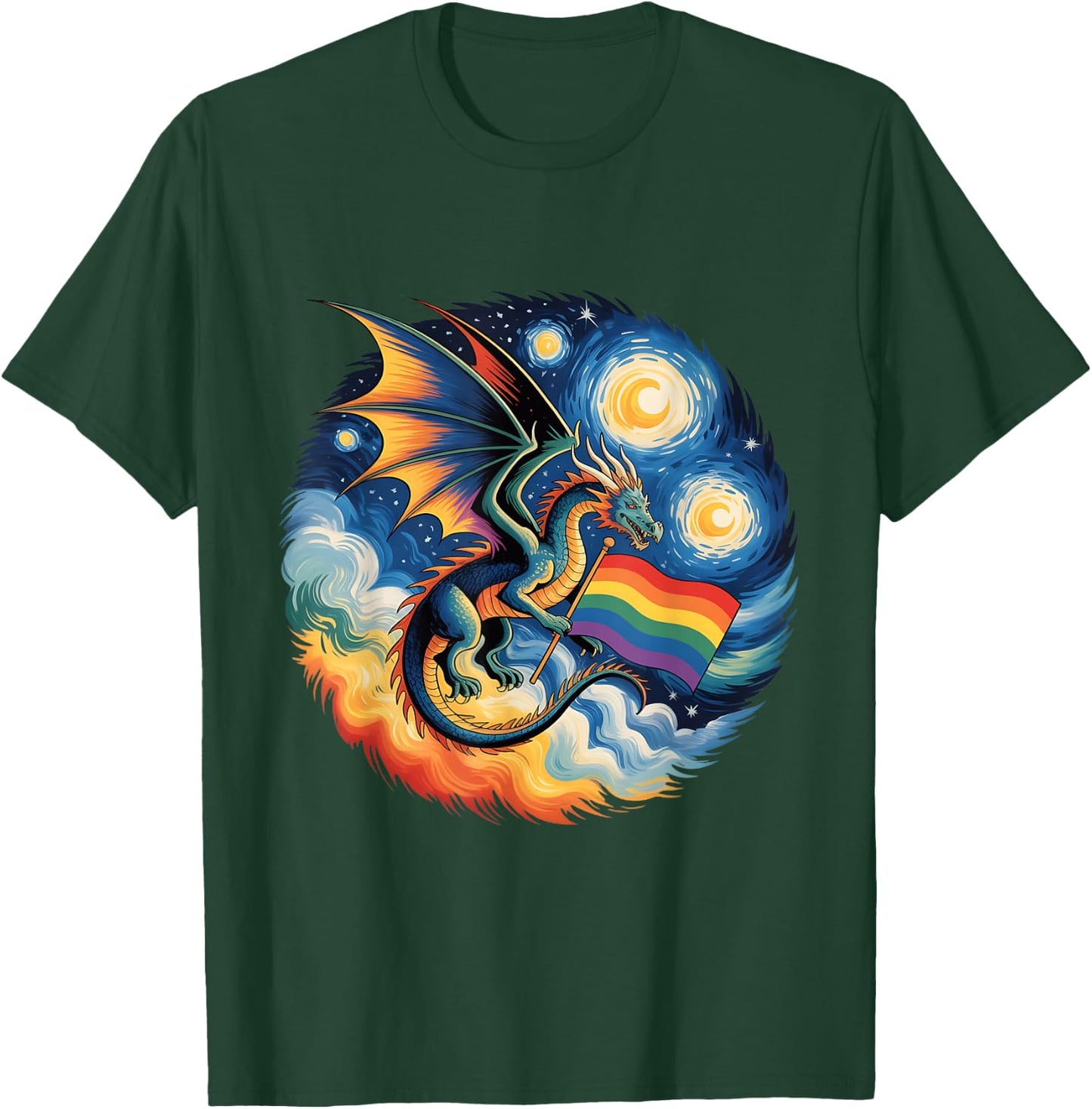 Van Gogh Starry Night Lgbtq Gay Pride Support Dragon T-Shirt - T-Shirt | Forest