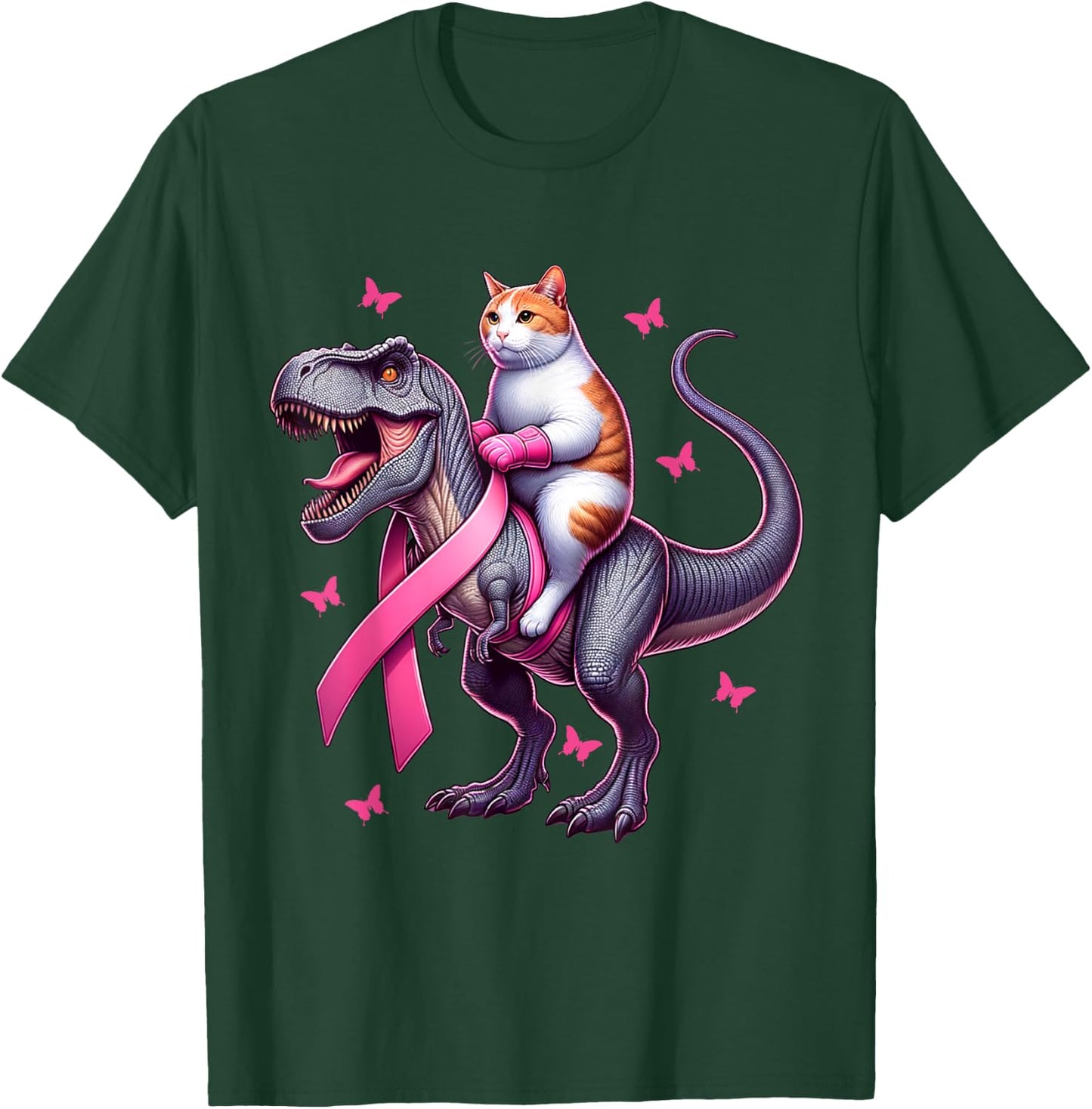 Cat Riding T Rex Dinosaur. Breast Cancer Awareness Women Kids T-Shirt - T-Shirt | Forest