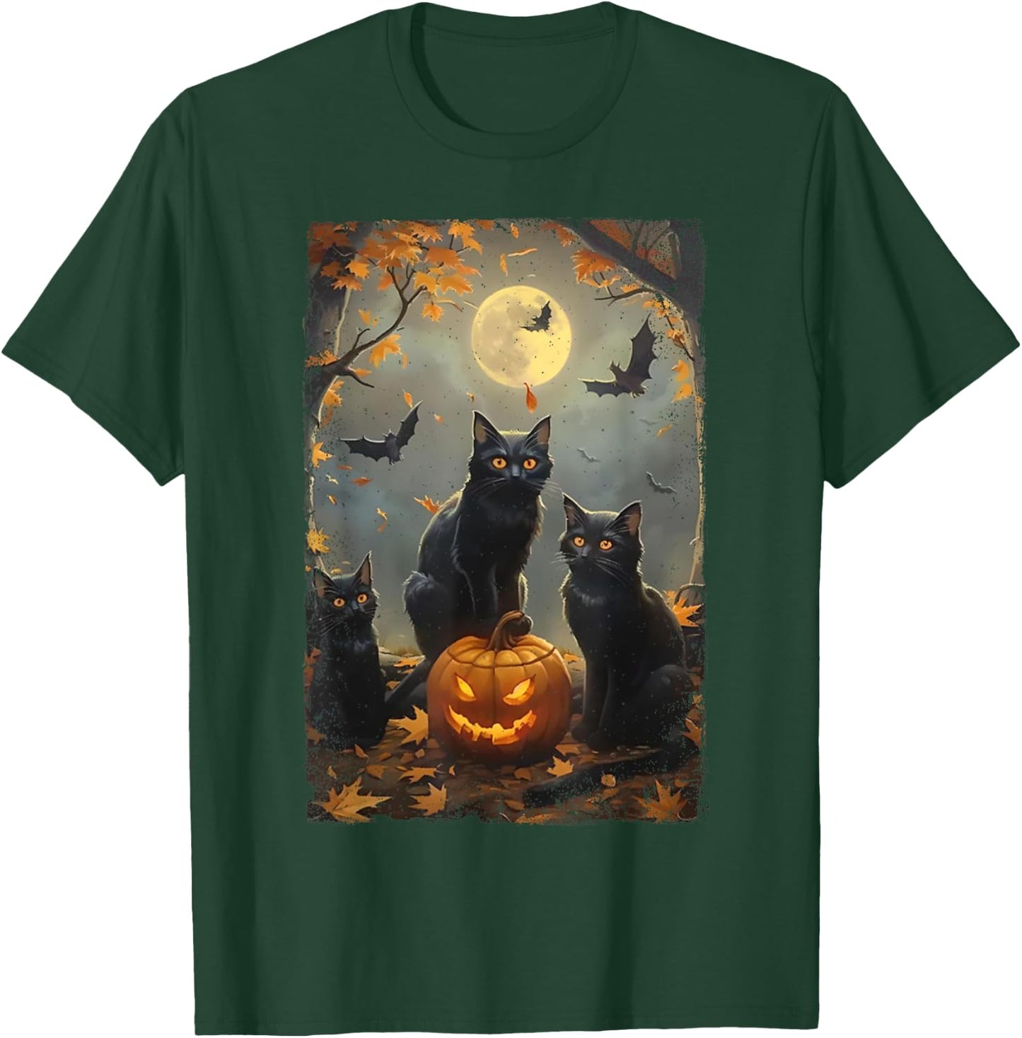 Vintage Three Black Cats Halloween Pumpkin Costume Cat Lover Women Kids T-Shirt - T-Shirt | Forest