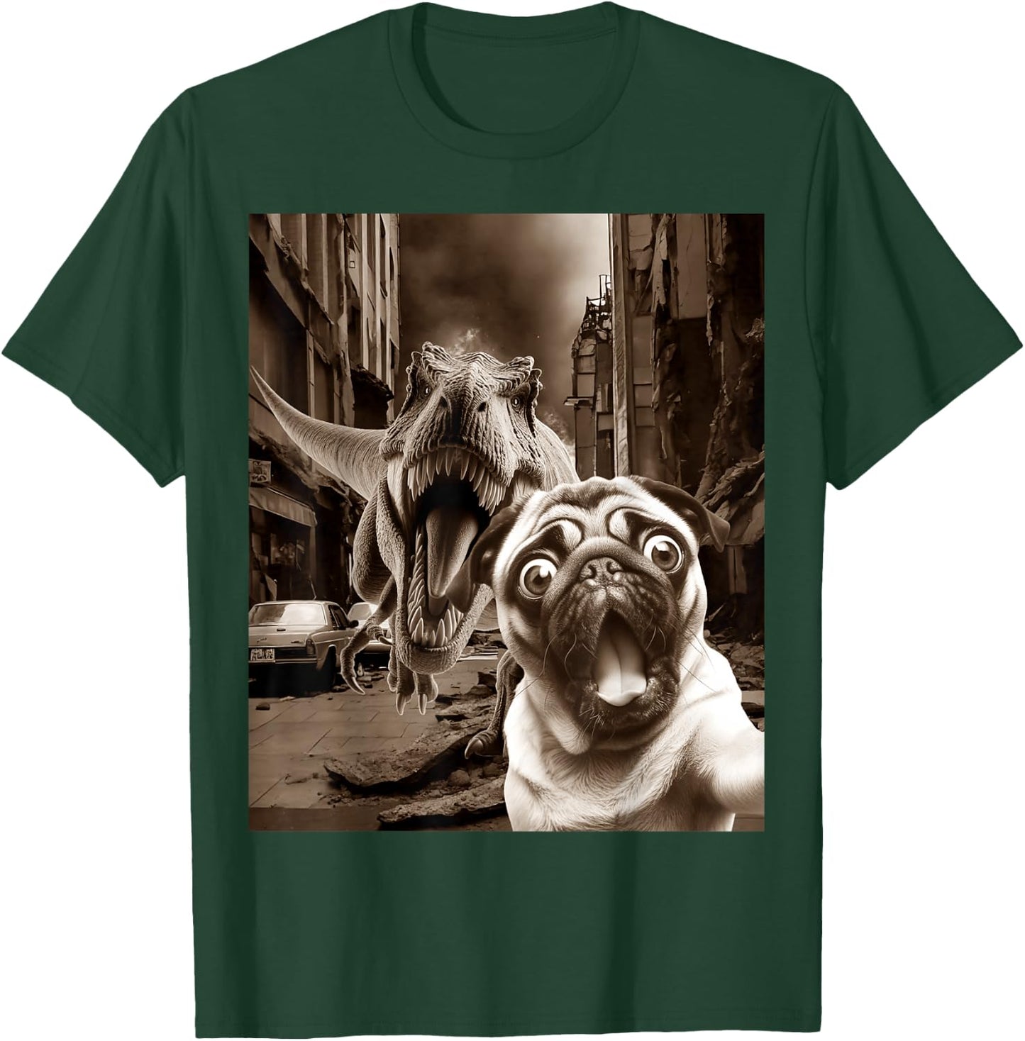 Funny Pug Selfie With T-rex Tyrannosaurus Dog Dinosaur T-Shirt - T-Shirt | Forest